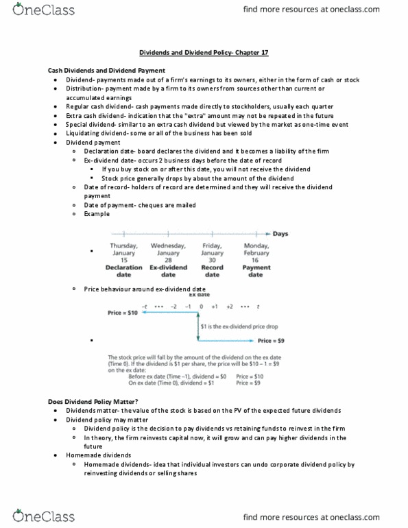 Management and Organizational Studies 2310A/B Chapter Notes - Chapter 17: Dividend Policy, Dividend, Liquidating Distribution thumbnail