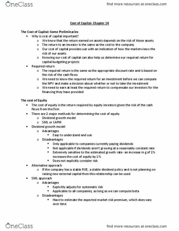 Management and Organizational Studies 2310A/B Chapter Notes - Chapter 14: Dividend Policy, Risk Premium, Capital Budgeting thumbnail