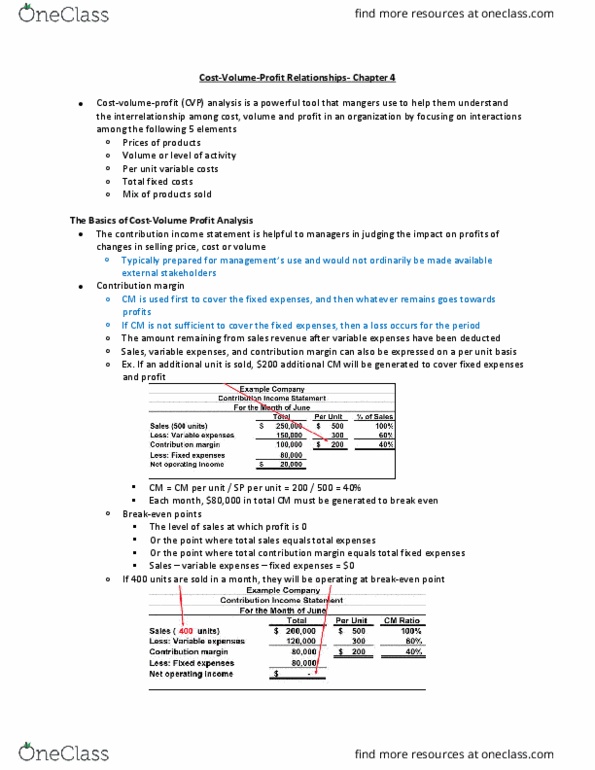Management and Organizational Studies 3370A/B Chapter Notes - Chapter 4: Contribution Margin, Fixed Cost, Variable Cost thumbnail