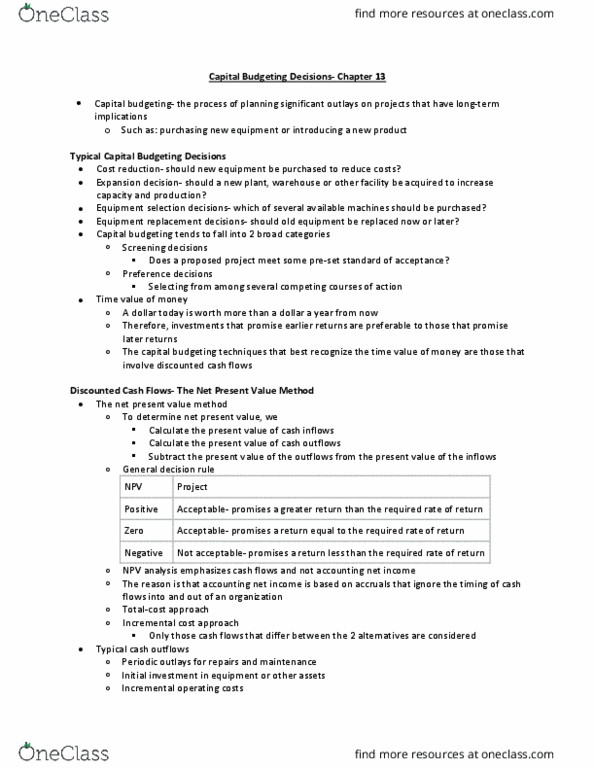 Management and Organizational Studies 3370A/B Chapter Notes - Chapter 13: Discounted Cash Flow, Capital Budgeting, Earnings Before Interest And Taxes thumbnail