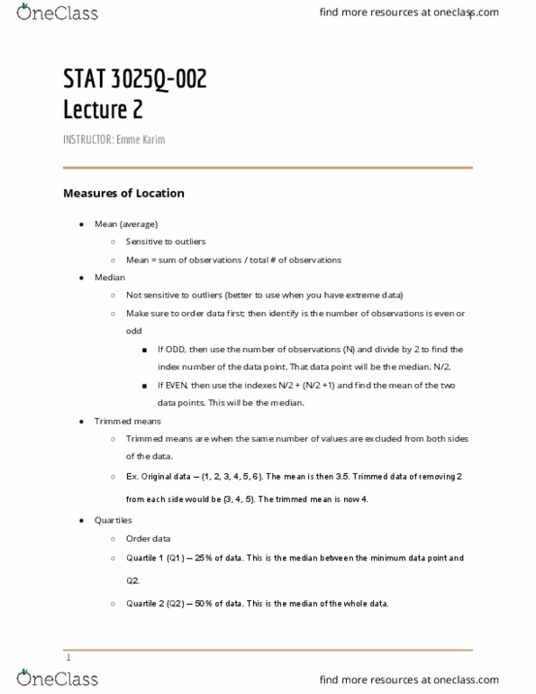 STAT 3025Q Lecture Notes - Lecture 8: Quartile, Standard Deviation thumbnail