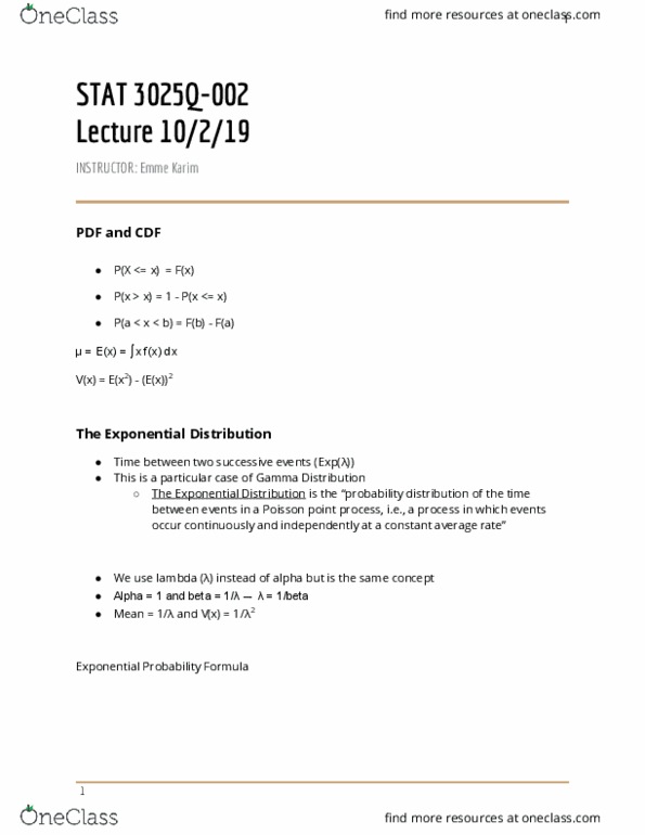 STAT 3025Q Lecture Notes - Lecture 2: Point Process, Exponential Distribution thumbnail