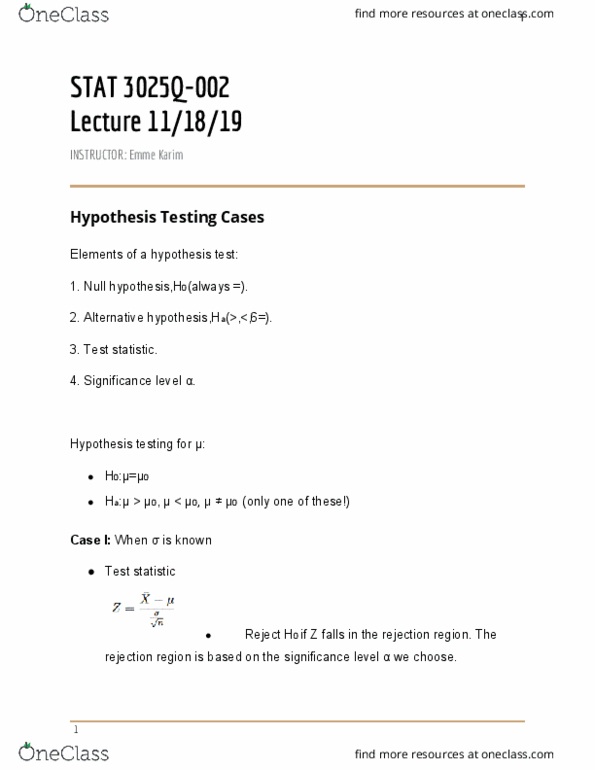 STAT 3025Q Lecture Notes - Lecture 15: Null Hypothesis, Test Statistic, Alternative Hypothesis thumbnail