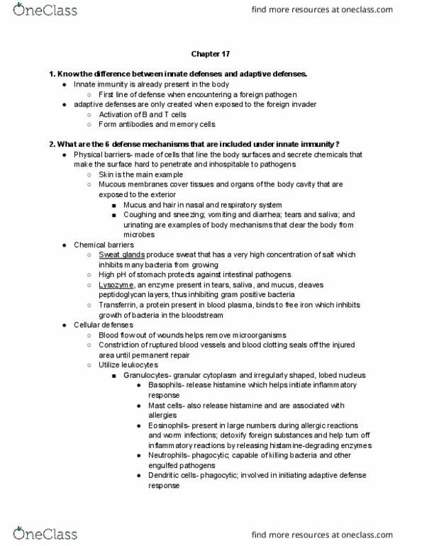 01:119:131 Chapter Notes - Chapter 17: Innate Immune System, Mast Cell, Mucous Membrane thumbnail