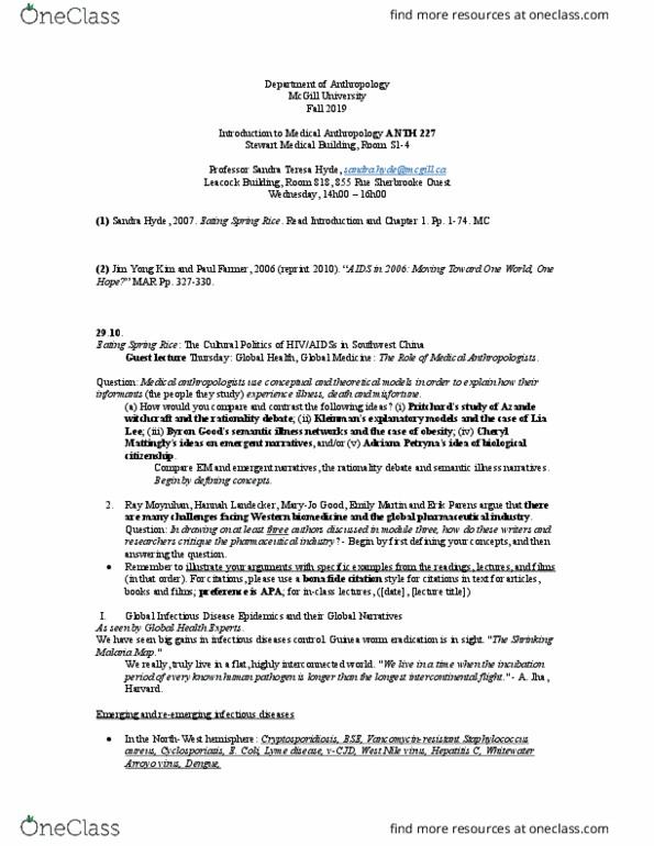 ANTH 227 Lecture Notes - Lecture 13: Jim Yong Kim, Dracunculus Medinensis, Lyme Disease thumbnail