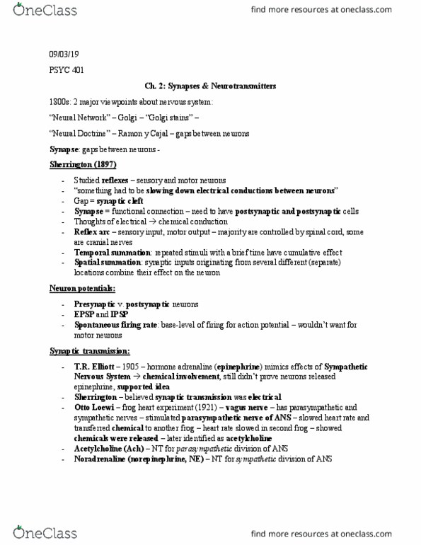 PSYC 401 Lecture Notes - Lecture 2: Bradycardia, Otto Loewi, Vagus Nerve thumbnail