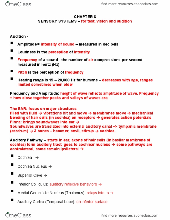 PSYC 401 Lecture Notes - Lecture 7: Cochlear Nucleus, Basilar Membrane, Sensory System thumbnail