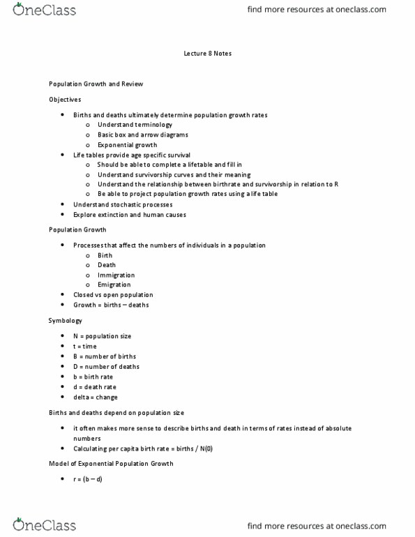 BIOL 2804 Lecture Notes - Lecture 8: Exponential Growth, Life Table, Inclusive Fitness thumbnail