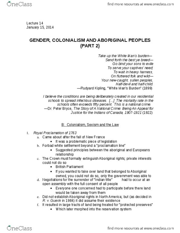 SOSC 1350 Lecture Notes - Indian Act, Cold Reading, Eurocentrism thumbnail