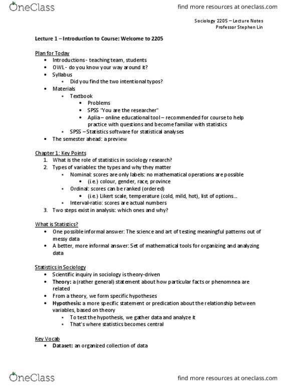 Sociology 2205A/B Lecture Notes - Lecture 1: Likert Scale thumbnail