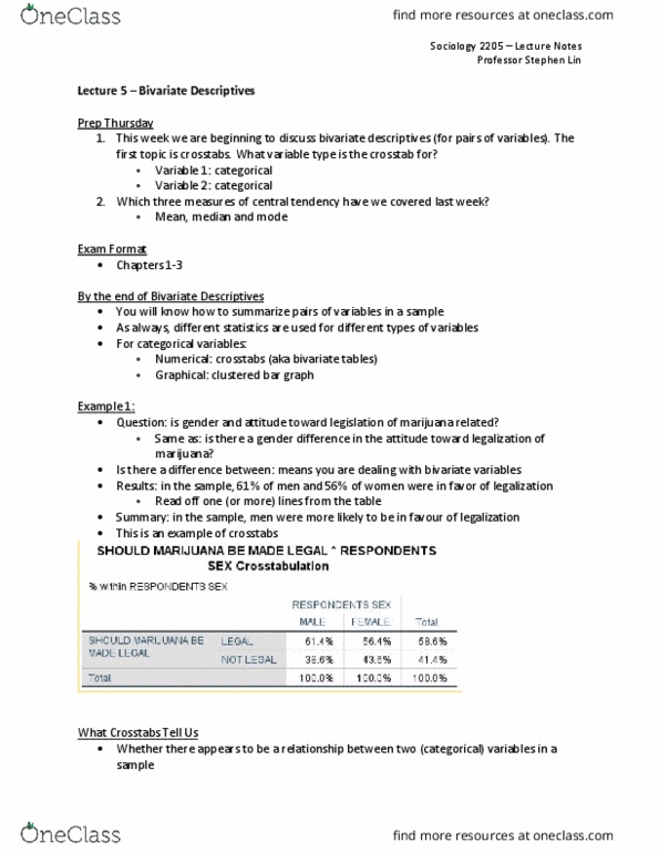 Sociology 2205A/B Lecture Notes - Lecture 5: Contingency Table, Central Tendency, Univariate Analysis thumbnail