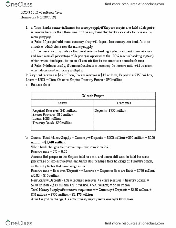 ECON 1012 Lecture Notes - Fractional-Reserve Banking, Excess Reserves, Reserve Requirement thumbnail