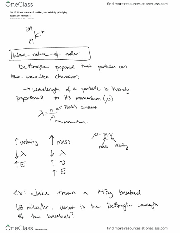 CHEM 111 Lecture 13: 10-17 Wave nature of matter, uncertainty principle, quantum numbers thumbnail