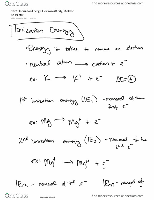 CHEM 111 Lecture 18: 10-25 Ionization Energy, Electron Affinity, Metallic Character thumbnail