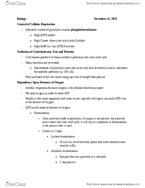 BI110 Lecture Notes - Cellular Respiration, Phosphofructokinase, Glycolysis thumbnail