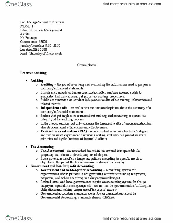 MGMT 1 Lecture Notes - Lecture 1: Institute Of Internal Auditors, Merage Family, Governmental Accounting Standards Board thumbnail