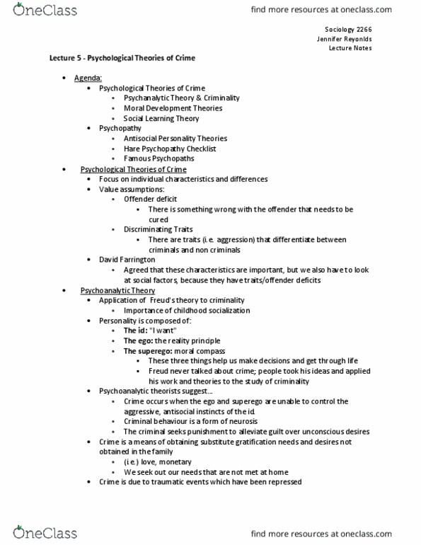 Sociology 2266A/B Lecture Notes - Lecture 5: Psychopathy Checklist, Social Learning Theory, Psychopathy thumbnail