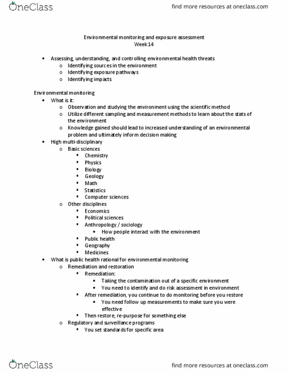 PHC 4320 Lecture Notes - Lecture 14: Environmental Monitoring, Environmental Health, Risk Assessment thumbnail