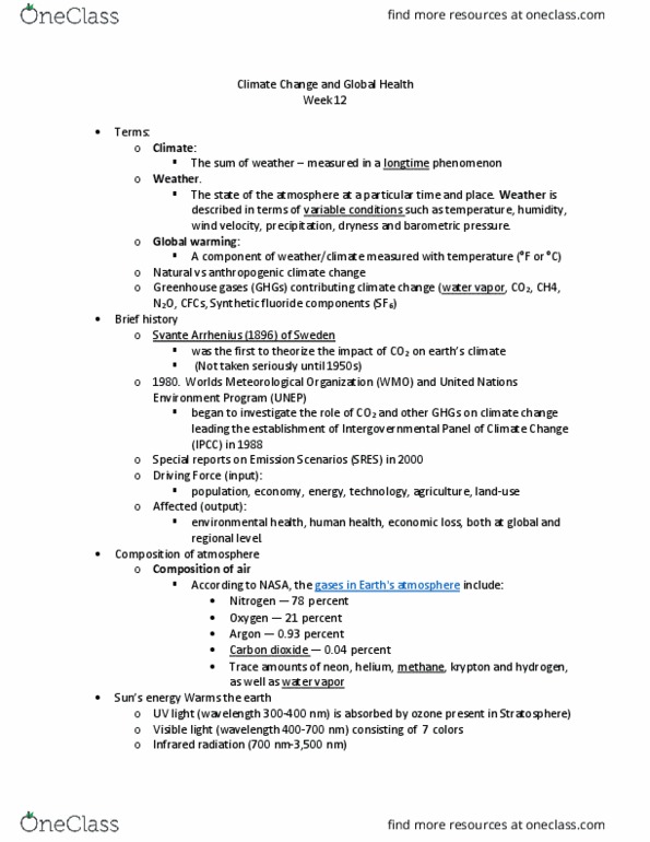 PHC 4320 Lecture Notes - Lecture 12: United Nations Environment Programme, Svante Arrhenius, Special Report On Emissions Scenarios thumbnail