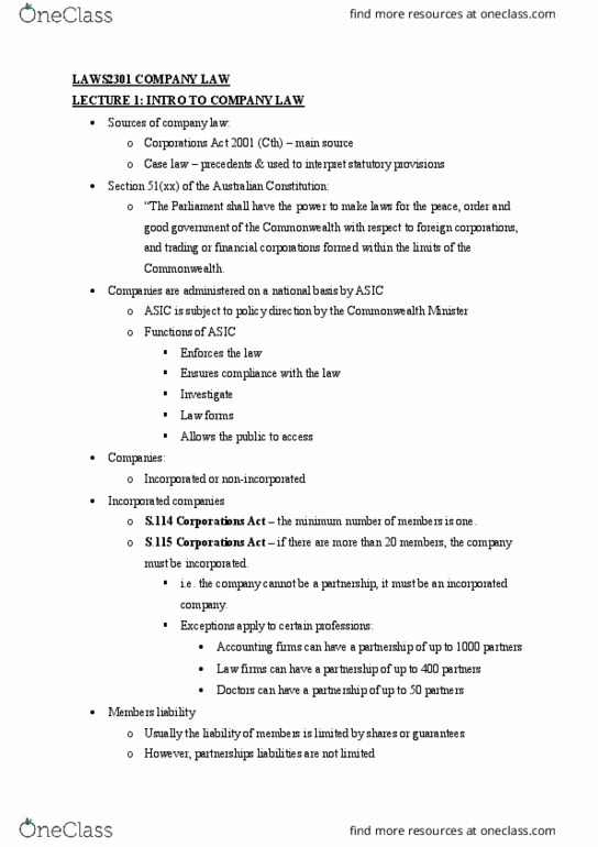 LAWS2301 Lecture Notes - Lecture 1: Corporations Act 2001, Constitution Of Australia, Foreign Corporation thumbnail