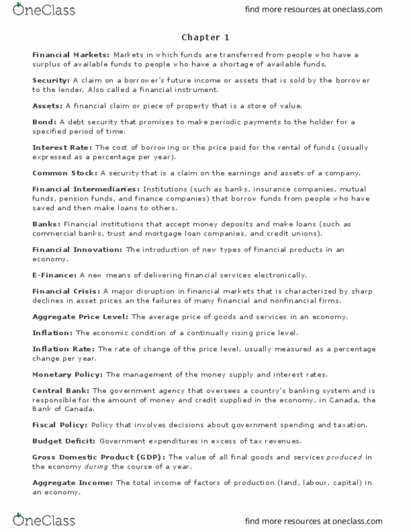 ECON206 Chapter Notes - Chapter 1: Gross Domestic Product, Mortgage Loan, Financial Instrument thumbnail