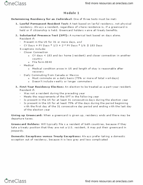 AFM463 Lecture Notes - Lecture 1: Substantial Presence Test, Permanent Residency, Business Travel thumbnail