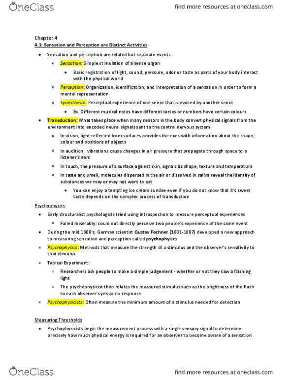 PSYC 1100 Chapter Notes - Chapter 4: Sundae, Gustav Fechner, Psychophysics thumbnail