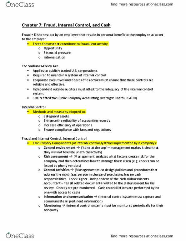 33:010:272 Lecture Notes - Lecture 13: Public Company Accounting Oversight Board, Cash Cash, Internal Control thumbnail