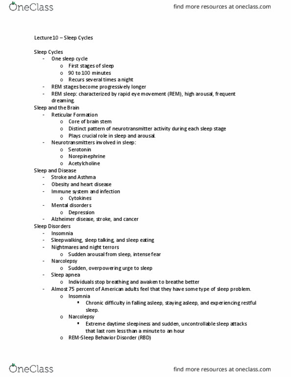 PSY 2012 Lecture Notes - Lecture 10: Night Terror, Somniloquy, Narcolepsy thumbnail