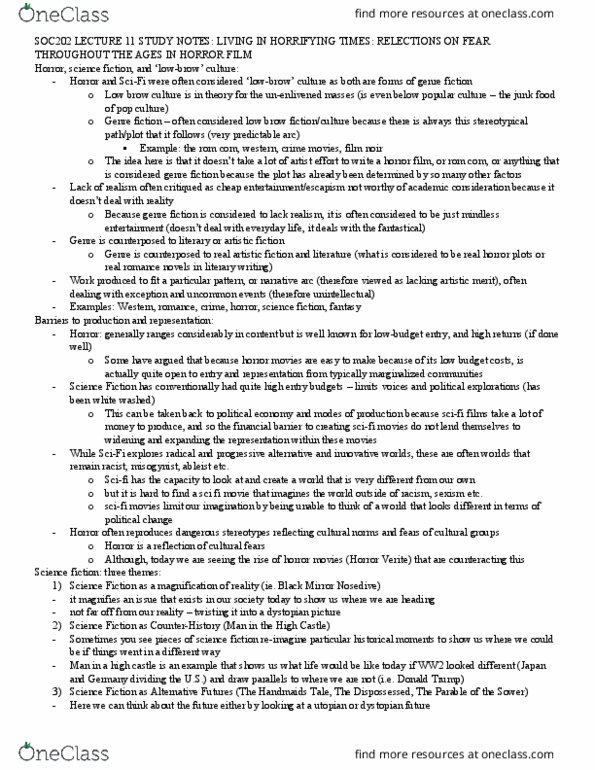 SOC 202 Lecture Notes - Lecture 11: Genre Fiction, Horror Film, List Of Black Mirror Episodes thumbnail