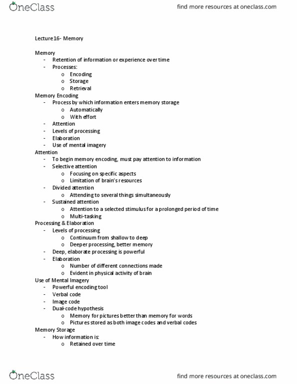 PSY 2012 Lecture Notes - Lecture 16: Implicit Memory, Classical Conditioning, Episodic Memory thumbnail