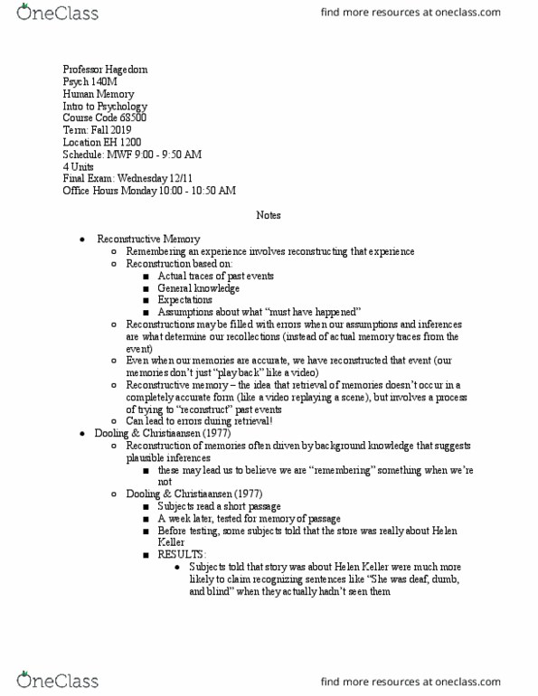 PSYCH 140M Lecture Notes - Lecture 28: Helen Keller, Psych, Forgetting Curve thumbnail