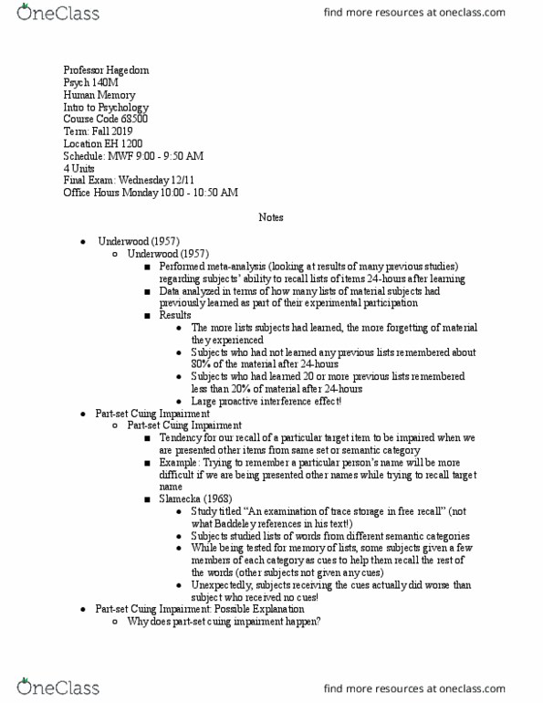 PSYCH 140M Lecture Notes - Lecture 34: Interference Theory, Free Recall, Meta-Analysis thumbnail