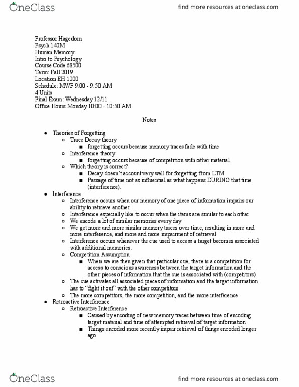 PSYCH 140M Lecture Notes - Lecture 32: Interference Theory, Decay Theory, Psych thumbnail