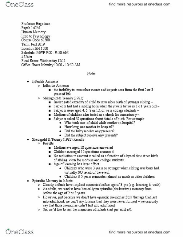 PSYCH 140M Lecture Notes - Lecture 38: Episodic Memory, Psych thumbnail