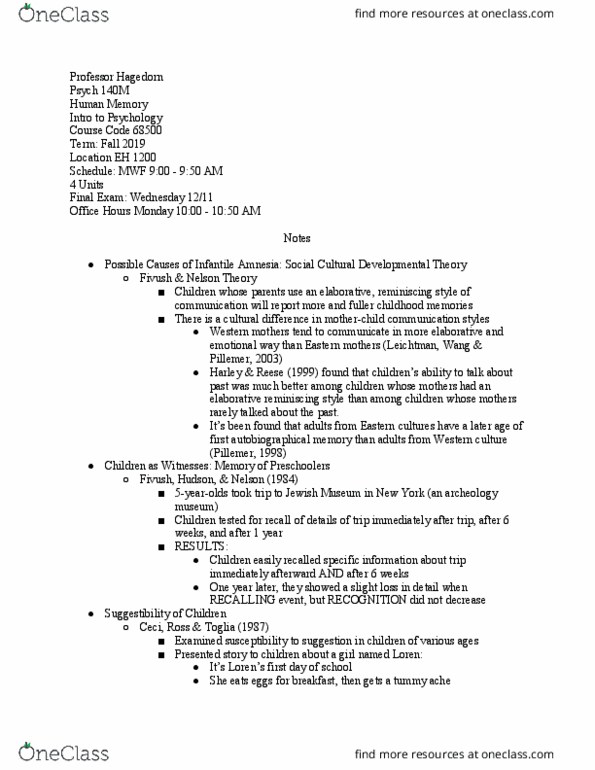 PSYCH 140M Lecture Notes - Lecture 42: Autobiographical Memory, Psych, Suggestibility thumbnail