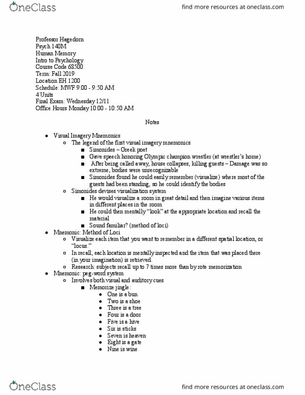 PSYCH 140M Lecture Notes - Lecture 44: Mnemonic, Psych thumbnail