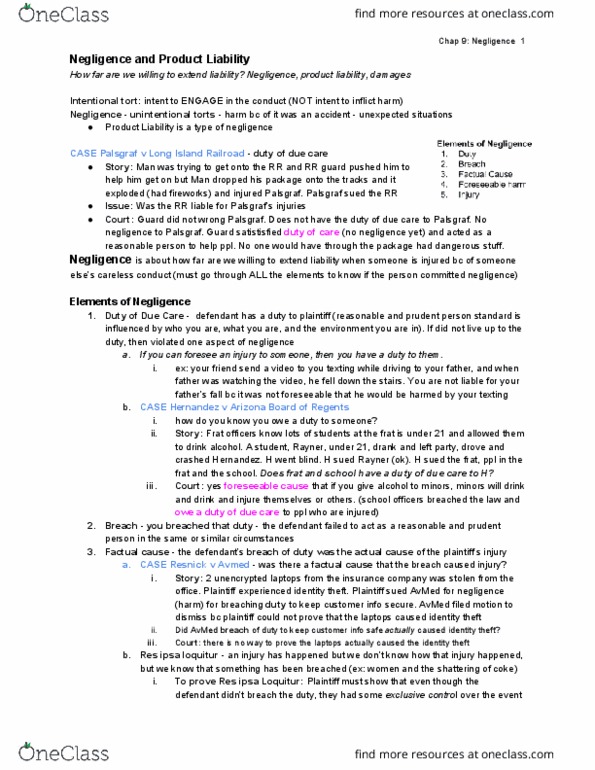 QST LA 245 Lecture Notes - Lecture 9: Res Ipsa Loquitur, Intentional Tort, Product Liability thumbnail