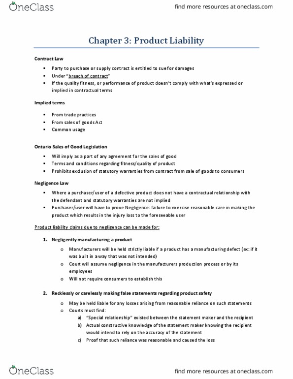 LAW 525 Chapter Notes - Chapter 3: Making False Statements, Product Liability, Implied Warranty thumbnail