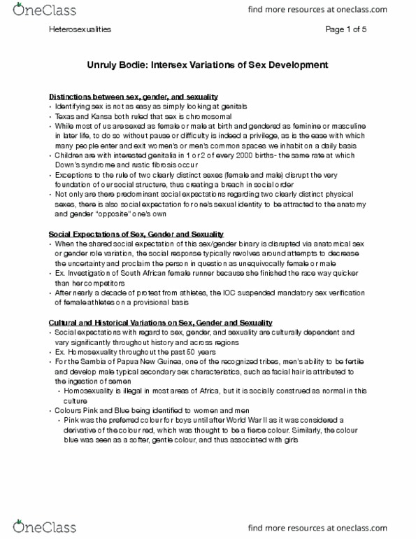 Women's Studies 2163A/B Chapter Notes - Chapter 3: Heterosexuality, Gender Binary, Sexual Differentiation thumbnail