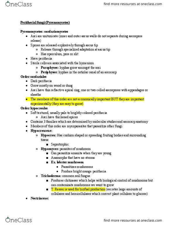 BIOL 4250 Lecture Notes - Lecture 7: Ascocarp, Hypocreaceae, Sordariomycetes thumbnail