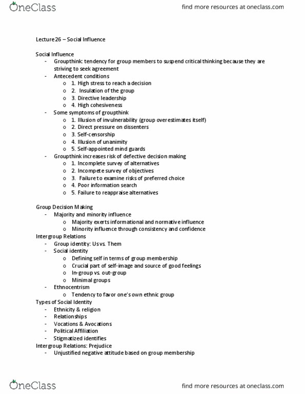 PSY 2012 Lecture Notes - Lecture 26: Social Influence, Minority Influence, Groupthink thumbnail