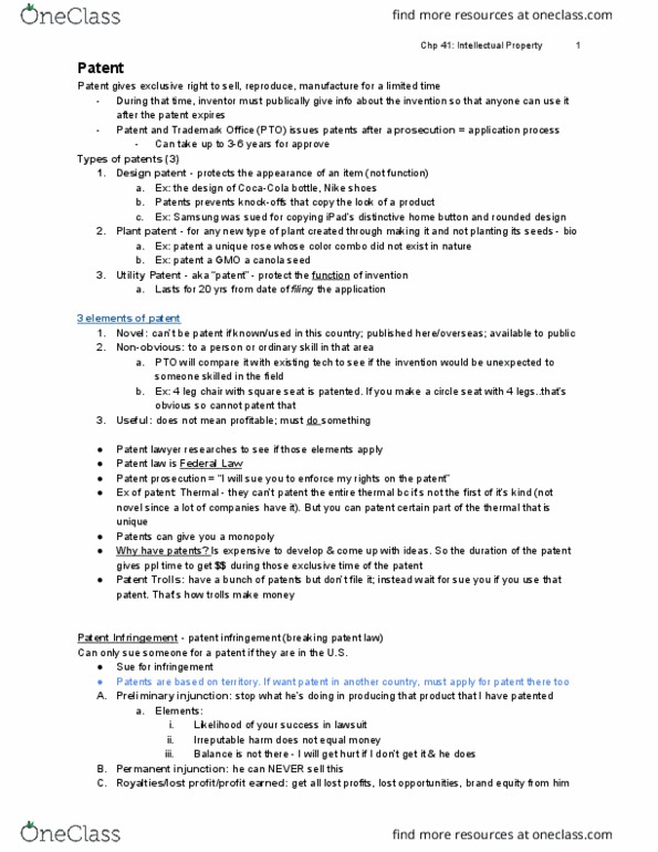 QST LA 245 Chapter Notes - Chapter 41: Patent Infringement, Patent Prosecution, Design Patent thumbnail