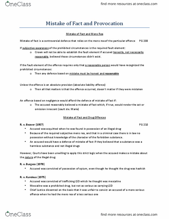 CRM 200 Chapter Notes - Chapter 9: Mens Rea, Mescaline, Absolute Liability thumbnail