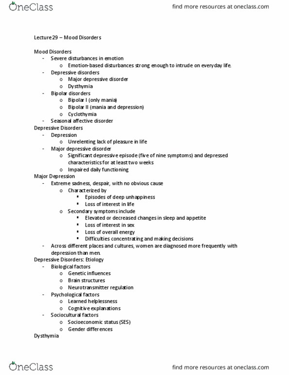 PSY 2012 Lecture Notes - Lecture 29: Major Depressive Disorder, Seasonal Affective Disorder, Bipolar Disorder thumbnail