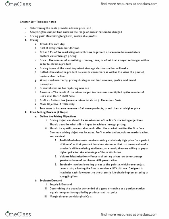 MAR 3023 Chapter Notes - Chapter 10: Profit Maximization, Marginal Revenue, Pricing Strategies thumbnail