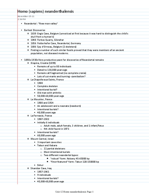 ARCH 131 Lecture Notes - Atapuerca Mountains, Mount Carmel, Vindija Cave thumbnail