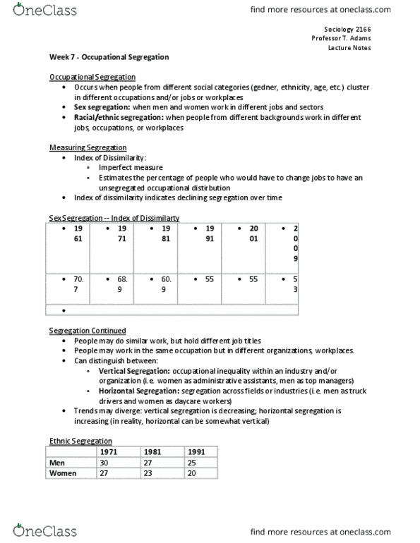 Sociology 2166A/B Lecture Notes - Lecture 7: Occupational Segregation, Sex Segregation, Occupational Inequality thumbnail