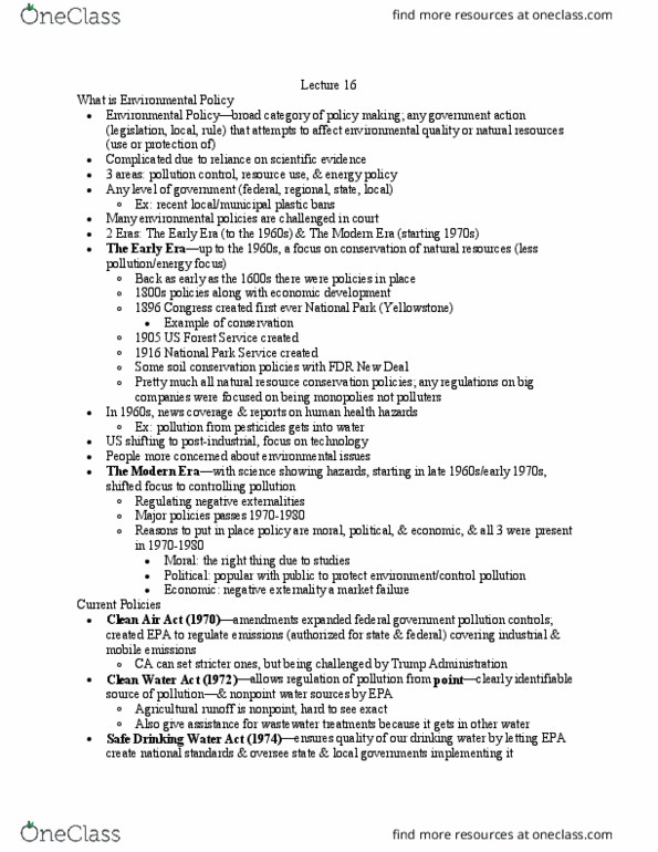 POL 321 Lecture Notes - Lecture 16: Safe Drinking Water Act, Clean Air Act (United States), United States Forest Service thumbnail