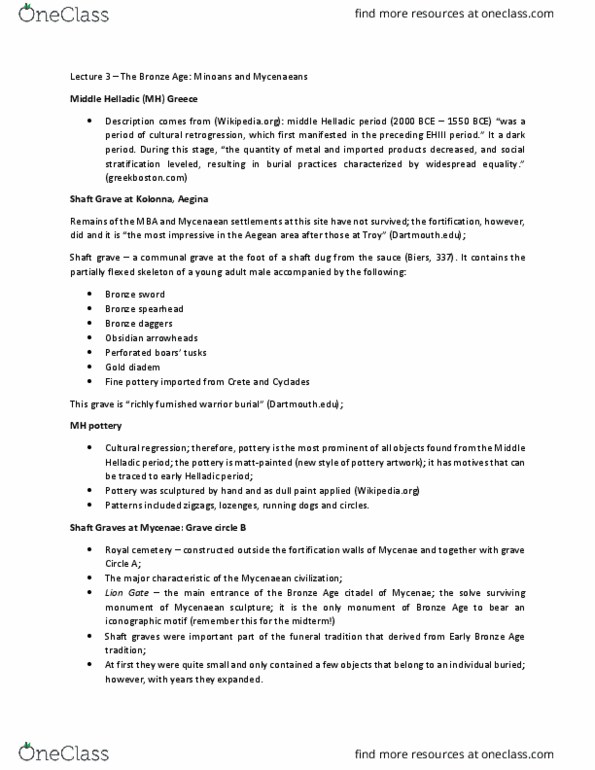 HIST 2850 Lecture Notes - Lecture 3: Grave Circle A, Mycenae, Shaft Tomb, Helladic Period thumbnail